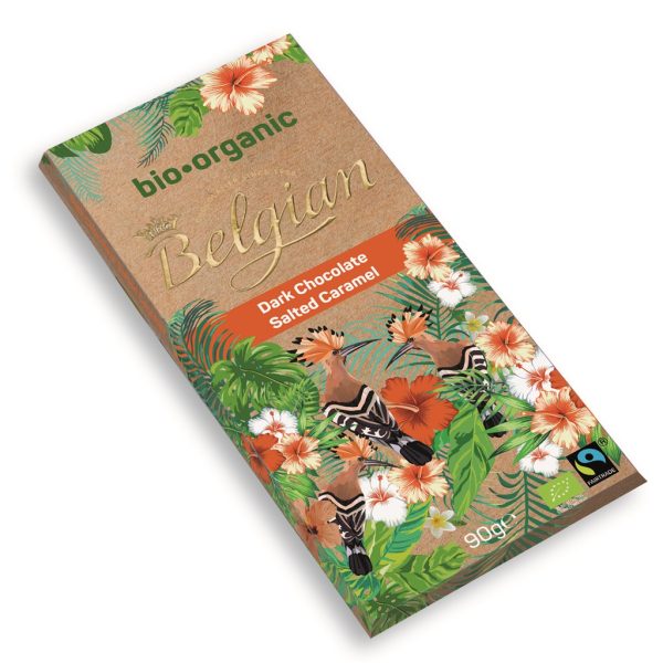 BELGIAN ORGANIC BAR SALTED CARAMEL 72% DARK CHOCOLATE  20 / 90 G.
